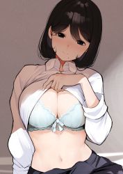 Rule 34 | 1girl, absurdres, black eyes, black hair, black skirt, blue bra, blush, bra, breasts, cleavage, closed mouth, clothes lift, collared shirt, commentary request, hand up, head tilt, highres, koruse, large breasts, lifted by self, long sleeves, looking at viewer, mole, mole under mouth, original, shirt, shirt lift, short hair, skirt, smile, solo, stomach, underwear, upper body, white shirt