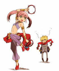 Rule 34 | 1boy, 1girl, :d, alchemist (sekaiju), anklet, armband, armlet, atlus, bard (sekaiju), bare shoulders, bracelet, dancer, dancing, etrian odyssey, full body, green eyes, instrument, jewelry, midriff, navel, open mouth, pink hair, revealing clothes, simple background, smile, stomach, tambourine, twintails, white background