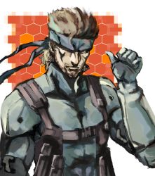 Rule 34 | 1boy, bodysuit, brown hair, headband, honeycomb (pattern), honeycomb background, male focus, metal gear (series), metal gear solid 2: sons of liberty, ogros, shaded face, sneaking suit, solid snake, solo, spiked hair