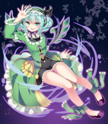 Rule 34 | 1girl, ankle ribbon, aqua eyes, aqua hair, astaroth (p&amp;d), bug, butterfly, fang, hairband, insect, kaki s, leg ribbon, looking at viewer, open mouth, puzzle &amp; dragons, ribbon, short hair, skirt, smile, solo, two side up, wings