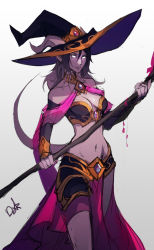 Rule 34 | 1girl, armor, bikini armor, black hair, breasts, cleavage, closed mouth, colored skin, detached sleeves, distr, draenei, grey skin, hat, highres, holding, holding staff, horns, horns through headwear, large breasts, long hair, long sleeves, looking at viewer, mage (warcraft), midriff, mole, mole under eye, navel, pelvic curtain, simple background, smile, solo, staff, tail, warcraft, white background, white eyes, witch hat, world of warcraft