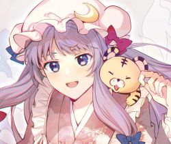 Rule 34 | 1girl, animal ears, animal print, blue bow, blue ribbon, bow, crescent, crescent hat ornament, double bun, dress, fingernails, flower, hair bow, hair bun, hand up, hat, hat ornament, hat ribbon, japanese clothes, kimono, long hair, long sleeves, looking at viewer, mob cap, open mouth, patchouli knowledge, pink background, pink dress, pink hat, pink kimono, purple eyes, purple hair, red bow, red ribbon, ribbon, smile, solo, stuffed animal, stuffed toy, tiger ears, tiger print, touhou, toy, upper body, vanilla (miotanntann), white flower