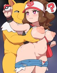 Rule 34 | 1boy, 1girl, ?, alternate height, arm at side, arm up, ass press, bag, bare shoulders, baseball cap, belly, black vest, black wristband, blue shorts, breasts, brown hair, clenched hand, closed mouth, clothes pull, collarbone, colored skin, confused, convenient censoring, cowboy shot, creatures (company), denim, denim shorts, dot nose, eyebrows, eyelashes, from below, functionally nude, game freak, gen 1 pokemon, hand up, hat, hetero, hilda (pokemon), holding, holding poke ball, hypno, interspecies, kabedoru, large areolae, large breasts, long hair, looking afar, looking at another, looking to the side, mind control, navel, nintendo, nipples, outstretched arm, panties, panty pull, pink eyes, plump, poke ball, poke ball (basic), pokemon, pokemon (creature), pokemon bw, pokephilia, ponytail, red hat, serious, sex, sex from behind, shirt, shorts, shorts pull, shortstack, sidelocks, sleeveless, sleeveless shirt, standing, standing sex, thighs, two-tone hat, underwear, vest, wavy sidelocks, white hat, white panties, white shirt, wide hips, wristband, yellow skin