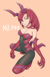 Rule 34 | 1girl, alternate color, arched back, bare shoulders, blush, breasts, cleavage, collarbone, covered erect nipples, creatures (company), elbow gloves, eyelashes, eyes visible through hair, fingernails, full body, game freak, gen 5 pokemon, gloves, hair between eyes, head tilt, highres, horns, light smile, lips, long fingernails, long hair, looking away, looking to the side, looking up, medium breasts, nintendo, no bra, orange background, over-kneehighs, parted lips, pokedex number, pokemon, pokemon (creature), pokemon bw, red gloves, red hair, red thighhighs, redauto, scolipede, sharp fingernails, shiny clothes, shiny skin, simple background, slit pupils, solo, squatting, thighhighs, tsurime, unitard, yellow eyes