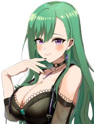 Rule 34 | 1girl, bare shoulders, bead necklace, beads, black bustier, black collar, black nails, blush, breasts, bustier, cleavage, collar, ear piercing, earrings, green hair, hair behind ear, highres, jewelry, keikesu, large breasts, long hair, looking at viewer, mole, mole on breast, necklace, piercing, purple eyes, see-through, see-through sleeves, simple background, single earring, smile, solo, swept bangs, upper body, virtual youtuber, vspo!, white background, yakumo beni, yakumo beni (1st costume)