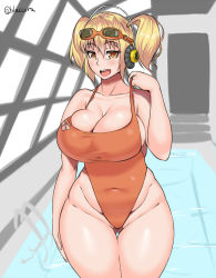 Rule 34 | 1girl, bare shoulders, blaccura, blonde hair, blush, breasts, cleavage, collarbone, covered navel, curvy, female focus, goggles, goggles on head, headphones, highleg, highleg swimsuit, highres, huge breasts, looking at viewer, nitroplus, one-piece swimsuit, open mouth, orange eyes, plump, pool, rei no pool, round teeth, short hair, sketch, skin tight, smile, solo, standing, super pochaco, swimsuit, teeth, thick thighs, thigh gap, thighs, twintails, wide hips