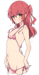 Rule 34 | 1girl, bare arms, bare shoulders, bikini, bocchi the rock!, closed mouth, collarbone, cowboy shot, cropped legs, flat chest, green eyes, groin, hair between eyes, highres, kita ikuyo, long hair, looking at viewer, mel (melty pot), one side up, pink bikini, red hair, simple background, solo, swimsuit, wet, white background