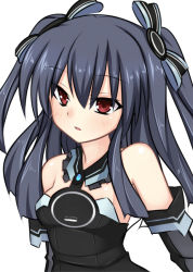 Rule 34 | 10s, 1girl, bare shoulders, black hair, blush, bow, breasts, choujigen game neptune mk2, elbow gloves, female focus, gloves, hair bow, hair ornament, hair ribbon, meimu (infinity), neptune (series), parted lips, red eyes, ribbon, simple background, small breasts, solo, twintails, two side up, uni (neptunia), upper body, white background