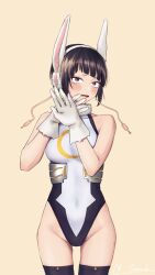 Rule 34 | 1girl, animal ears, bare arms, bare shoulders, black hair, blush, boku no hero academia, breasts, collarbone, cosplay, covering face, crotch, gloves, groin, highres, jirou kyouka, legs, medium breasts, mirko, mirko (cosplay), navel, open mouth, pink background, purple eyes, rabbit ears, short hair, simple background, skin tight, solo, starch, tight clothes, twitter username, white gloves