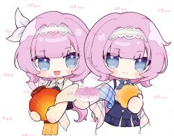 2girls blue_dress blue_eyes blue_ribbon blush_stickers cake character_name chibi chibi_only chinese_commentary closed_mouth commentary_request cookie cropped_torso dress elf elysia_(coco)_(honkai_impact) elysia_(honkai_impact) elysia_(miss_pink_elf)_(honkai_impact) food hairband highres holding holding_cake holding_cookie holding_food honkai_(series) honkai_impact_3rd kuaile_gezi looking_at_viewer multiple_girls open_mouth pink_hair pointy_ears ribbon smile white_hairband