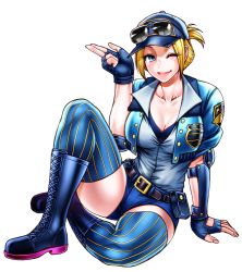 Rule 34 | 1girl, arm support, belt, black footwear, blonde hair, blue eyes, blue thighhighs, boots, breasts, chiba toshirou, cleavage, collarbone, cropped jacket, cross-laced footwear, elbow pads, eyebrows visible through hat, eyelashes, eyewear on headwear, final fight, final fight 3, fingerless gloves, full body, gloves, hat, large breasts, legs, lucia morgan, one eye closed, police, police hat, short shorts, shorts, simple background, sitting, smile, solo, street fighter, street fighter v, sunglasses, thighhighs, thighs, white background, wink