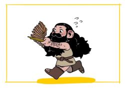 Rule 34 | 1boy, alternate species, arm hair, bare arms, bare shoulders, beard, belt, black hair, blush, boots, dungeon meshi, facial hair, flying sweatdrops, food, hair slicked back, halfling, holding, holding plate, korean commentary, large ears, leg hair, long beard, long hair, looking ahead, m1d00 draw, male focus, mustache, outstretched arms, pancake, pancake stack, plate, running, senshi (dungeon meshi), senshi (half-foot) (dungeon meshi), simple background, sleeveless, solo, toeless footwear, tunic, white background