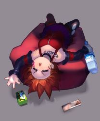 Rule 34 | 1girl, = =, absurdres, bean bag chair, black pantyhose, blush stickers, bottle, breasts, brown hair, choker, commentary request, detached sleeves, dress, facial mark, highres, hirasawa yui, holding, holding bottle, k-on!, lying, on back, pantyhose, purple skirt, red dress, short hair, skirt, small breasts, solo, star (symbol), torn clothes, torn pantyhose, upside-down, voodoothur