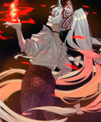 Rule 34 | 15melon, 1girl, absurdly long hair, adapted costume, ass, bad id, bad pixiv id, bow, choker, commentary, denim, feet out of frame, fire, from behind, fujiwara no mokou, grey hair, hair bow, hand on own hip, highres, jeans, long hair, looking at viewer, off shoulder, open mouth, pants, pocket, ponytail, pyrokinesis, red bow, red eyes, red pants, shirt, shirt tucked in, sideways glance, single bare shoulder, solo, spaghetti strap, touhou, two-tone bow, very long hair, white bow, white shirt