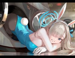 Rule 34 | 1girl, absurdres, asuna (blue archive), asuna (bunny) (blue archive), bare shoulders, blonde hair, blue archive, blue eyes, breasts, cleavage, gloves, grin, hair over one eye, halo, highres, large breasts, laundromat, leotard, letterboxed, long hair, pantyhose, playboy bunny, smile, solo, thighband pantyhose, washing machine, white gloves, yoshikawa hiro