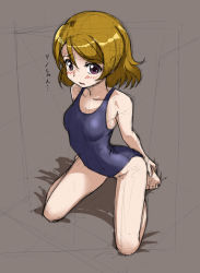 Rule 34 | 10s, 1girl, arched back, bare legs, barefoot, blue one-piece swimsuit, brown hair, kneeling, koizumi hanayo, love live!, love live! school idol project, one-piece swimsuit, purple eyes, rohitsuka, school swimsuit, short hair, sketch, solo, swimsuit