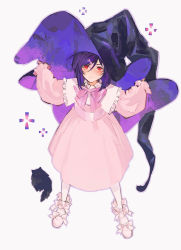 Rule 34 | 1girl, aged down, animal, arms up, black cat, blush, bow, bowtie, cat, child, closed mouth, collar, collared dress, dress, footwear bow, full body, genderswap, genderswap (mtf), gundam, gundam 00, hair between eyes, hair bow, hair ornament, hat, highres, holding, holding clothes, holding hat, huangdanlan, long sleeves, looking at viewer, medium hair, pink bow, pink bowtie, pink dress, purple hair, purple hat, red eyes, shoes, solo, standing, tieria erde, white footwear, witch hat
