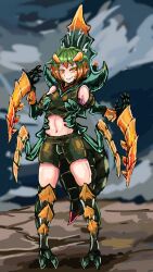 Rule 34 | 1girl, absurdres, antennae, arthropod girl, arthropod limbs, bike shorts, breasts, chitin, commentary request, crop top, full body, gloves, green hair, grin, highres, looking at viewer, monster girl, monster hunter (series), multicolored hair, navel, orange eyes, seltas, small breasts, smile, solo, standing, stomach, tagme, udetamago