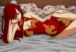 Rule 34 | 1girl, arm at side, armpits, artist name, bare shoulders, bed, breasts, brown eyes, china dress, chinese clothes, cleavage, cleavage cutout, clenched hand, clothing cutout, deviantart username, dress, erza scarlet, eyelashes, fairy tail, female focus, fingernails, floral print, hair bun, hair ornament, hair over one eye, hand on own thigh, head rest, highres, indoors, large breasts, legs, legs together, long hair, looking at viewer, lying, neck, no bra, no panties, on side, pillow, pollo1567, print dress, red hair, seductive smile, sexually suggestive, sidelocks, single hair bun, skin tight, sleeveless, sleeveless dress, smile, thighs, thighs together, tight clothes, tight dress, watermark, web address