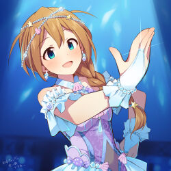 Rule 34 | 1girl, :d, baba konomi, bare shoulders, blue eyes, blurry, blurry background, braid, breasts, bridal gauntlets, collarbone, depth of field, dress, hair between eyes, hair ornament, hair over shoulder, hand on own hip, idolmaster, idolmaster million live!, long hair, looking at viewer, medium breasts, open mouth, purple dress, single braid, smile, solo, star (symbol), star hair ornament, translated, uccow, very long hair