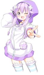 Rule 34 | 1girl, bad id, bad twitter id, blush, cowboy shot, d-pad, hair ornament, highres, hood, hoodie, looking at viewer, neptune (neptunia), neptune (series), niwaka potato, one eye closed, open mouth, purple eyes, purple hair, revision, shin jigen game neptune vii, short hair, sidelocks, simple background, smile, solo, striped clothes, striped thighhighs, thighhighs, v, white background, zettai ryouiki