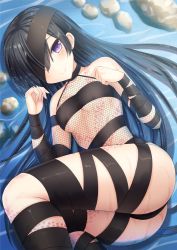 Rule 34 | 1girl, ass, bandages, bandaged arm, bandaged leg, bare shoulders, black hair, blush, breasts, closed mouth, collarbone, fate/grand order, fate (series), fishnets, from above, hands up, long hair, looking at viewer, lying, mochizuki chiyome (fate), on side, one eye covered, purple eyes, revealing clothes, rock, small breasts, smile, solo, taiki ken, tattoo, thighs, underboob, very long hair, water, wet