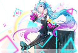 Rule 34 | 1girl, ahoge, bare shoulders, black dress, black footwear, black sleeves, black thighhighs, blue eyes, blue hair, blue nails, blurry, blurry foreground, boots, commentary request, depth of field, detached sleeves, dress, eighth note, glowing, gradient hair, hair between eyes, hair ornament, hand up, hatsune miku, long hair, long sleeves, multicolored hair, musical note, nail polish, play button, power symbol, purple hair, qys3, red eyes, shoe soles, sitting, sleeveless, sleeveless dress, solo, star (symbol), thigh boots, thighhighs, twintails, v, very long hair, vocaloid, white background, wide sleeves
