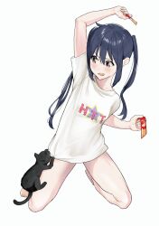 Rule 34 | 1girl, arm up, barefoot, black cat, black hair, blush, bottomless, brown eyes, cat, collarbone, commentary request, commission, full body, hair between eyes, highres, holding, k-on!, kneeling, long hair, nakano azusa, naked shirt, saya endo (27), shirt, short sleeves, sidelocks, skeb commission, solo, t-shirt, twintails, white shirt