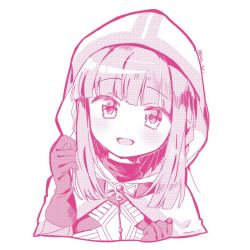 Rule 34 | 1girl, beads, blunt bangs, braid, chain, clenched hands, cloak, cropped shoulders, dot nose, flat chest, gloves, halftone, hands up, head tilt, hood, hood up, hooded cloak, light blush, looking at viewer, low twin braids, magia record: mahou shoujo madoka magica gaiden, mahou shoujo madoka magica, monochrome, outline, parted lips, paru rari, pink outline, pink theme, sidelocks, simple background, smile, solo, soul gem, tamaki iroha, turtleneck, twin braids, twitter username, upper body, white background
