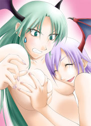 Rule 34 | 2girls, ^ ^, bad id, bad pixiv id, breasts, breasts squeezed together, capcom, clenched teeth, closed eyes, eyelashes, fang, green eyes, green hair, hayashi custom, head wings, incest, lilith aensland, long hair, morrigan aensland, multiple girls, nude, open mouth, purple hair, smile, sweatdrop, teeth, vampire (game), wings, yuri