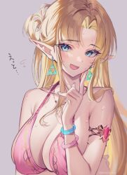 Rule 34 | 1girl, :d, arm under breasts, armlet, bikini, blonde hair, blue eyes, blush, bracelet, breasts, cleavage, earrings, elf, fang, finger to cheek, halterneck, hand up, jewelry, large breasts, long hair, looking at viewer, necklace, nintendo, open mouth, pink bikini, pointy ears, princess zelda, shuri (84k), simple background, skin fang, smile, solo, sweat, swimsuit, the legend of zelda, the legend of zelda: a link between worlds, twitter username, upper body