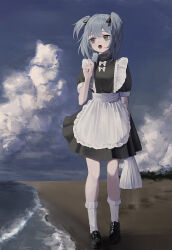 Rule 34 | 1girl, absurdres, apron, beach, black footwear, black ribbon, blue hair, blue sky, bow, cloud, commentary, food, frilled apron, frilled socks, frills, grey eyes, hair ribbon, highres, holding food, holding popsicle, maid apron, open mouth, original, outdoors, popsicle, ribbon, sand, sharp teeth, short hair, short sleeves, shou (mori boro), sky, socks, solo, symbol-only commentary, teeth, two side up, water, white apron, white bow