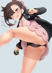 Rule 34 | 1girl, ass, asymmetrical bangs, asymmetrical hair, backpack, bag, black jacket, black nails, black panties, blue eyes, blush, breasts, brown hair, cameltoe, cleavage, cleft of venus, creatures (company), dress, dusk ball, fingernails, game freak, hair ribbon, highres, holding, holding poke ball, izure (pixiv16392012), jacket, long hair, long sleeves, looking at viewer, marnie (pokemon), medium breasts, nail polish, nintendo, open clothes, open jacket, open mouth, panties, pink dress, poke ball, pokemon, pokemon swsh, red ribbon, ribbon, simple background, solo, thighs, twintails, undercut, underwear