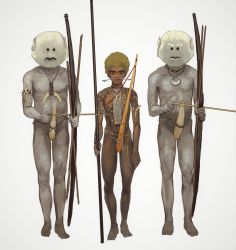 Rule 34 | 3boys, absurdres, afro, arrow (projectile), blonde hair, blue eyes, bow (weapon), dark-skinned male, dark skin, highres, holding, holding arrow, holding bow (weapon), holding weapon, jewelry, looking at viewer, mask, mossacannibalis, multiple boys, navel, necklace, nude, original, penis sheath, shell, shell necklace, simple background, standing, tattoo, tribal, weapon, white background