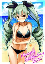 Rule 34 | 10s, 1girl, 2017, absurdres, anchovy (girls und panzer), arm grab, beach, bikini, black bikini, black ribbon, blush, breasts, closed mouth, commentary request, cowboy shot, curvy, dated, day, drill hair, female focus, front-tie bikini top, front-tie top, girls und panzer, green hair, hair ribbon, halftone texture, happy birthday, highres, long hair, looking at viewer, medium breasts, navel, red eyes, ribbon, shiny skin, solo, standing, swimsuit, thigh gap, twin drills, twintails, water drop, yoshiyo (buranku1129)