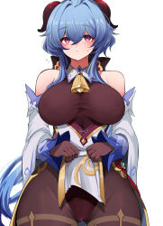 Rule 34 | 10eki (tenchou), 1girl, absurdres, ahoge, bare shoulders, bell, black gloves, black leotard, blue hair, blush, bodystocking, bodysuit, breasts, brown pantyhose, cameltoe, chinese knot, clothes lift, detached sleeves, embarrassed, flying sweatdrops, ganyu (genshin impact), genshin impact, gloves, gluteal fold, gold trim, groin, highres, horns, large breasts, leotard, leotard under clothes, lifted by self, long hair, looking at viewer, neck bell, paid reward available, pantyhose, pelvic curtain, pelvic curtain lift, purple eyes, sidelocks, solo, standing, sweatdrop, tassel, thigh gap, thighlet, thighs, vision (genshin impact), waist cape, white background, white sleeves