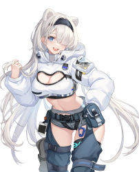 Rule 34 | 1girl, :d, animal ears, arknights, aurora (arknights), bear ears, belt, belt pouch, black hairband, black pants, blue eyes, blush, breasts, cleavage, cowboy shot, crop top, extra ears, gluteal fold, hair ornament, hair over one eye, hairband, hairclip, hand in own hair, hand on own hip, highres, hood, hood down, infection monitor (arknights), large breasts, leaning forward, long hair, long sleeves, minamiichi minami, navel, open mouth, pants, pouch, puffy long sleeves, puffy sleeves, shrug (clothing), simple background, smile, solo, thigh strap, unzipped, very long hair, white background, white hair