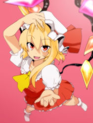 Rule 34 | 1girl, ascot, bad id, bad pixiv id, blonde hair, blurry, depth of field, embodiment of scarlet devil, fangs, female focus, flandre scarlet, foreshortening, from above, full body, gradient background, hat, hat ribbon, hyudora, red eyes, ribbon, side ponytail, solo, touhou, wings