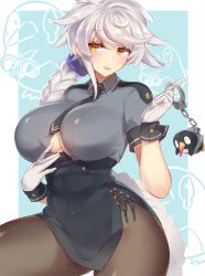 Rule 34 | 1girl, :d, bad id, bad tumblr id, black necktie, black skirt, blue background, breasts, brown pantyhose, collared shirt, cuffs, curvy, failure penguin, gloves, grey shirt, hair ornament, hair scrunchie, handcuffs, holding, huge breasts, kantai collection, long hair, looking at viewer, necktie, open mouth, paizuri invitation, pantyhose, pelvic curtain, pokoten (pokoten718), police, police uniform, policewoman, purple scrunchie, scrunchie, shirt, short sleeves, silver hair, skirt, smile, solo, uniform, unryuu (kancolle), very long hair, white gloves, wing collar, yellow eyes