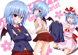 Rule 34 | 1girl, :o, alternate costume, bat wings, blue hair, blush, character name, crossed arms, fang, female focus, gin&#039;you haru, hat, looking at viewer, plaid, plaid skirt, red eyes, remilia scarlet, school uniform, short hair, skirt, slit pupils, solo, touhou, wings