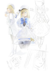 Rule 34 | 1girl, ?, absurdres, adjusting clothes, adjusting headwear, alternate costume, armored boots, azur lane, black pantyhose, blonde hair, blue bow, blue bowtie, blue ribbon, blunt bangs, blush, bodysuit, bodysuit under clothes, boots, bow, bowtie, breasts, capelet, character sheet, closed eyes, closed mouth, coat, coffee cup, commentary, cup, disposable cup, dress, eyepatch, flower eyepatch, fur-trimmed dress, fur trim, gauntlets, gloves, hair between eyes, hand on headwear, hand up, hat, highres, holding, holding cup, jacket, jewelry, kepi, le terrible (azur lane), le terrible (silence slumber and solace) (azur lane), long sleeves, looking at viewer, lying, medium hair, military hat, mug, multiple views, neck ribbon, nightcap, official alternate costume, open clothes, open mouth, pajamas, pantyhose, parted lips, purple eyes, ribbon, shirt, simple background, sketch, skirt, sleeping, small breasts, smile, spoken question mark, standing, tanxing jiu, thigh strap, translation request, white background, white capelet, white coat, white dress, white footwear, white headwear, white jacket, white skirt