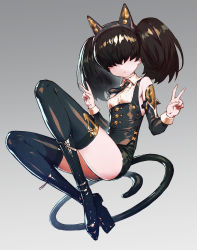 Rule 34 | 1girl, animal ears, ass, bare shoulders, black hair, black thighhighs, boots, breasts, cat ears, cat girl, cat tail, chyko7080, detached sleeves, double v, facing viewer, fake animal ears, full body, gold trim, gradient background, hair over eyes, highres, original, platform boots, platform footwear, small breasts, solo, tail, thighhighs, twintails, v