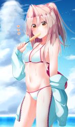 Rule 34 | 1girl, ^^^, absurdres, bikini, blue sky, breasts, cloud, commentary request, cowboy shot, food, grey hair, high ponytail, highres, jacket, kantai collection, long hair, pia (botamochinjufu), popsicle, sky, small breasts, solo, standing, swimsuit, white bikini, white jacket, zuihou (kancolle)
