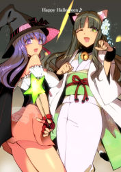 Rule 34 | 2girls, animal ears, bad id, bad pixiv id, bell, breasts, cat ears, fate/stay night, fate/zero, fate (series), fingerless gloves, flower, gloves, green eyes, green hair, hair flower, hair ornament, hair ribbon, hat, japanese clothes, kimono, large breasts, long hair, matou sakura, miniskirt, mother and daughter, multiple girls, one eye closed, paw pose, purple eyes, purple hair, ribbon, rokuji, skirt, tohsaka aoi, wand, wink, witch hat
