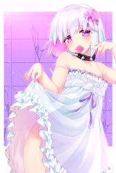 Rule 34 | 1girl, bare arms, bare shoulders, black collar, blue hair, bright pupils, clothes lift, collar, collarbone, condom, condom in mouth, condom wrapper, dohna dohna issho ni warui koto o shiyou, dress, dress lift, eyes visible through hair, fingernails, hair ornament, heart, heart hair ornament, highres, lifting own clothes, light blue hair, looking at viewer, mouth hold, multicolored hair, nanami neru, pink eyes, pink hair, porno (dohna dohna), purple ribbon, ribbon, see-through, see-through dress, short hair, smile, solo, spiked collar, spikes, strap slip, white dress, white hair, white pupils
