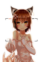 Rule 34 | 1girl, absurdres, alternate costume, animal ear fluff, animal ears, bare shoulders, blush, brown hair, c.rabbit, cat ears, chen, dress, earrings, elbow gloves, flower, gloves, hair flower, hair ornament, highres, jewelry, light smile, looking at viewer, necklace, recording, short hair, simple background, solo focus, touhou, wedding dress, white background, white gloves, yellow eyes