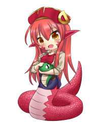 Rule 34 | 10s, 1girl, blush, breasts, chibi, erusen (des-arms), fang, full body, hat, lamia, long hair, miia (monster musume), monster girl, monster musume no iru nichijou, pointy ears, red hair, scales, shirt, simple background, solo, stuffed snake, taut clothes, taut shirt, white background, yellow eyes