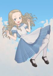 Rule 34 | 1girl, alice (alice in wonderland), alice in wonderland, apron, bangs pinned back, black footwear, blonde hair, blue dress, blue eyes, blue sky, blush, cloud, commentary request, commission, dress, floating, forehead, full body, hands up, long hair, looking at viewer, mary janes, omodaka (nitera1041), open mouth, pantyhose, partial commentary, puffy short sleeves, puffy sleeves, shoes, short sleeves, skeb commission, sky, smile, solo, wavy hair, white apron, white pantyhose