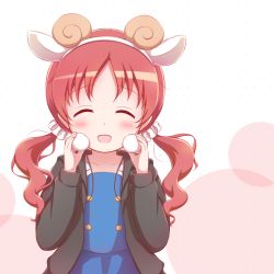 Rule 34 | 1girl, :d, ^ ^, animal ears, black jacket, blue sky, blue vest, blush, closed eyes, collarbone, curled horns, facing viewer, fake animal ears, fake horns, gochuumon wa usagi desu ka?, goth risuto, hair ornament, hair scrunchie, hairband, hands up, holding, hood, hood down, hooded jacket, horns, jacket, kafuu chino&#039;s school uniform, long hair, long sleeves, natsu megumi, open clothes, open jacket, open mouth, polka dot, polka dot background, pom pom (clothes), red hair, revision, school uniform, scrunchie, sky, smile, solo, twintails, upper body, vest, white background, white hairband, white scrunchie