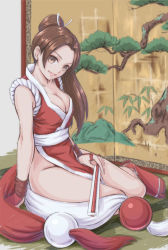 Rule 34 | 1girl, breasts, brown eyes, brown hair, cleavage, fan, fatal fury, female focus, hand fan, highres, large breasts, long hair, looking at viewer, matching hair/eyes, medium breasts, ninja, parted lips, pelvic curtain, ponytail, revealing clothes, shiranui mai, smile, snk, solo, the king of fighters, tyanoki